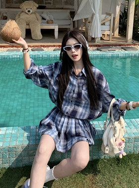 3MER哦哦三妹蓝色格纹烫钻衬衫短裙套装女2025夏新款宽松防晒上衣