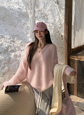 3MER哦哦三妹 温柔风软糯仿水貂毛V领毛衣女秋冬季慵懒宽松针织衫