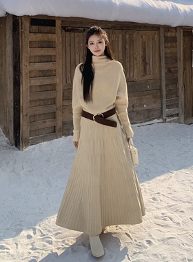 3MER哦哦三妹气质温柔堆堆领毛衣女加厚针织半身裙两件套知性套装