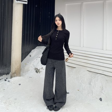 3MER哦哦三妹韩系复古豹纹牛仔裤女秋冬时髦显瘦垂感休闲阔腿裤子
