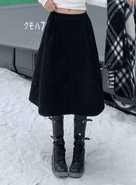 3MER哦哦三妹Miu系百搭毛呢加绒七分半身裙女秋冬中长款A字短裙子