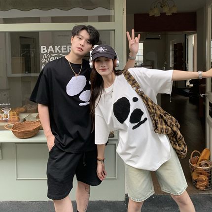 3MER哦哦三妹 韩系小狗刺绣短袖t恤男女夏季情侣款宽松设计感上衣