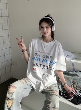 3MER哦哦三妹  简约韩风字母撞色短袖女纯棉情侣夏季男女半袖
