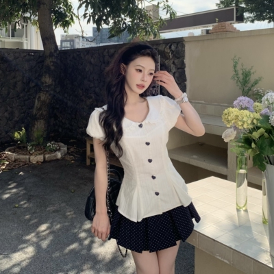 3MER韩女收腰绑带衬衫波点半身裙