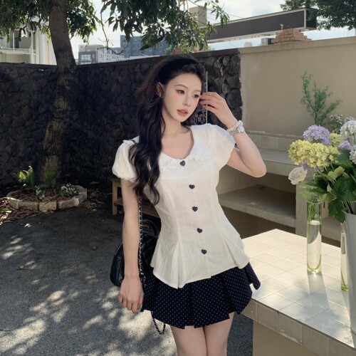 3MER韩女收腰绑带衬衫波点半身裙