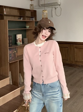 3MER哦哦三妹 格纹拼接假两件针织衫上衣女秋冬温柔撞色套头毛衣