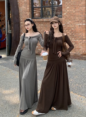 3MER哦哦三妹法式纯欲套装气质一字肩长袖上衣女显瘦半身裙两件套