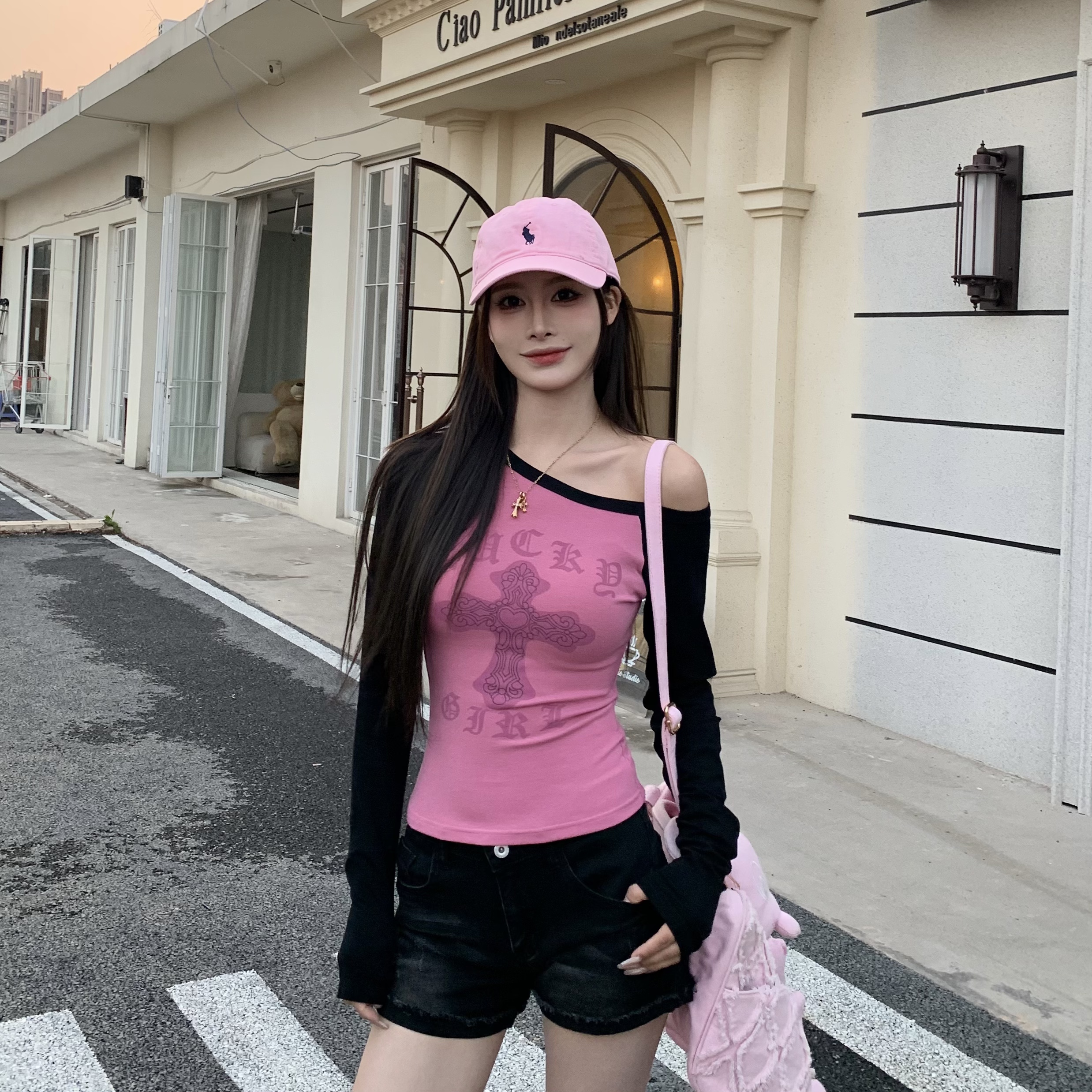 3MER哦哦三妹辣妹斜肩长袖T恤女