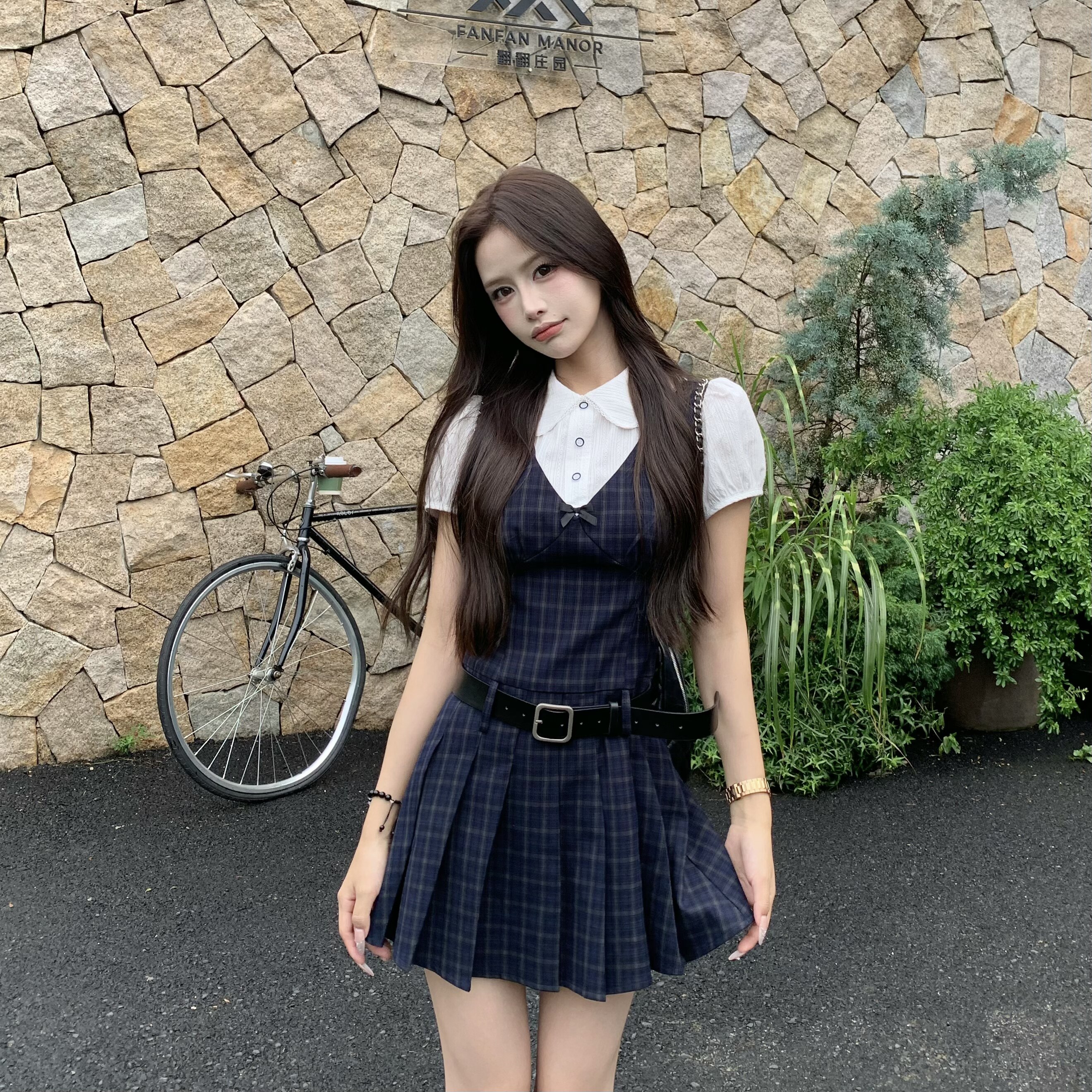 3MER韩女学院风格纹连衣裙+腰带图片