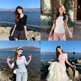 3MER哦哦三妹 云感舒弹百搭中袖/短袖T恤女2026春夏新款正肩上衣