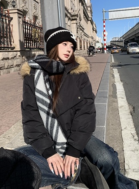 3MER哦哦三妹 大毛领90白鸭绒白色短款羽绒服女冬季保暖连帽外套