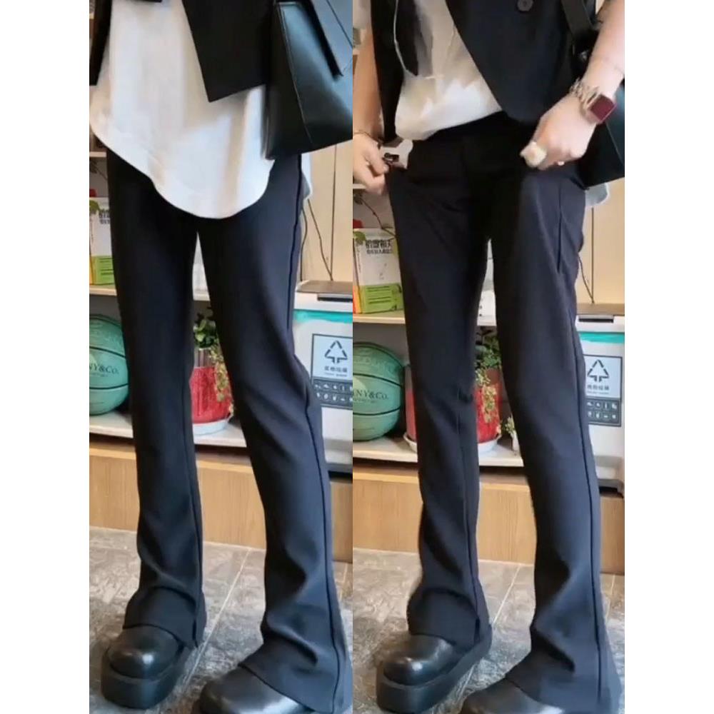 2025秋季大码高腰弹力开叉休闲裤女胖妹妹黑色直筒窄版马蹄拖地裤