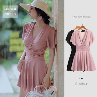 带钢圈泳衣女连体裙中长款可爱洋气妈妈遮肉保守大码胖泳装