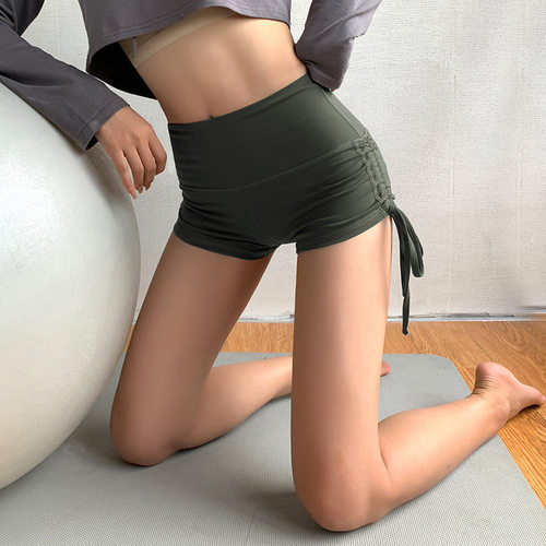 女运动大码裸感高弹蜜桃臀绑带健身翘臀速干紧身抽绳瑜伽短裤wa74