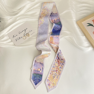 高品质纹感油画丝巾发带女装 饰窄细复古双面领巾小长条尖角飘带
