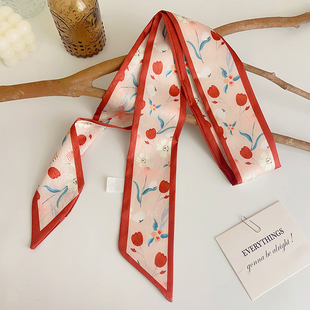 新款 柑橘红色复古小长条丝巾礼物女扎发绑包高级感丝带领巾飘带