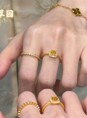黄水晶戒指女轻奢超闪镶嵌小方糖麻花高级感食指戒