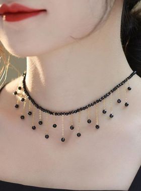 洋气黑色水晶流苏项链女高级设计感锁骨链新款气质项饰x15