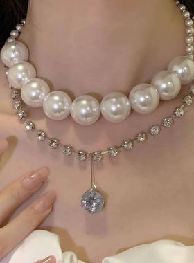 韩国多层小众时髦欧美满钻夸张大小珍珠双层锁骨链缠绕戴法项链女