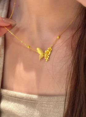 S925银「蝶梦生花」新中式中法拉丝蝴蝶花朵项链小众高级感锁骨链
