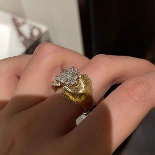 重工镶钻宽面拉丝开口戒指女秋冬款轻奢法式复古高级感食指戒指环