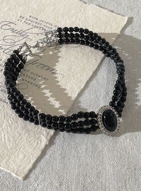 暗黑系重工宫廷风黑色珠串轻奢项链优雅复古水晶感choker辣妹哥特