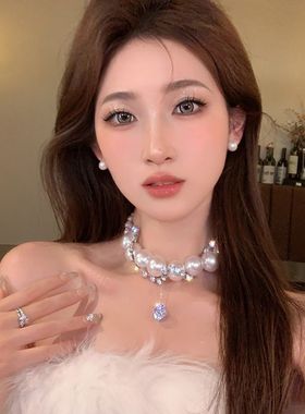 大珍珠项链女小众轻奢满钻夸张多戴法气质锁骨链轻奢高级感颈链