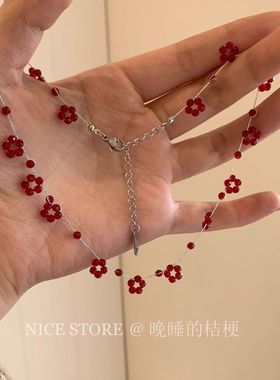 晚睡的桔梗「山野莓莓」夏日小清新红色多切面串珠项链显白锁骨链