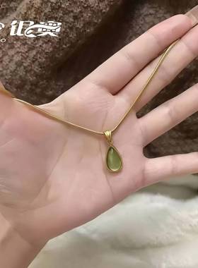 法式人鱼眼泪项链锁骨链橄榄绿水滴蓝色吊坠中式复古小众高级
