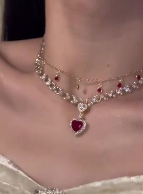 中古vintage红色爱心项链新款2025爆款复古锁骨项链小众高级配饰
