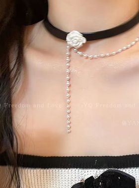 玫瑰珍珠choker黑色项圈锁骨链小众高级颈链颈带小香风项链配饰女