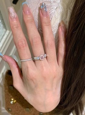 中古粉色方糖小排钻戒指女款名媛高级感轻奢千金感叠戴食指戒指环