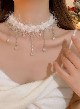 圣诞礼物白色珠珠流苏choker项链颈圈颈链圣诞穿搭圣诞装饰氛围感