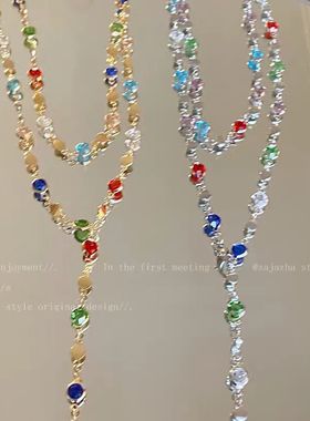 夏日彩色撞色锆石长款项链女款小众设计气质锁骨链轻奢高级感配饰