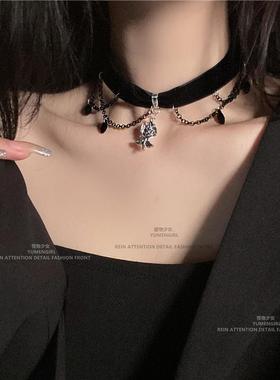 万圣节暗黑系哥特山茶花吊坠黑色流苏绒布颈链气质choker禁欲系