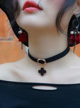 chocker四叶草项链女黑绳网红锁骨链短款脖子饰品颈带黑色颈链圈