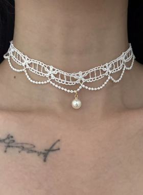 白色镂空蕾丝花边珍珠choker项圈少女lolita锁骨链颈带
