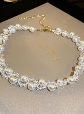 水晶珍珠缠绕项链2022年新款小众ins锁骨链高级感网红轻奢颈链