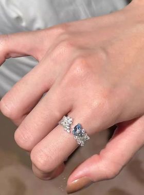 琉璃蓝水滴开口戒指女款ins小众设计高级感中古气质百搭食指戒指