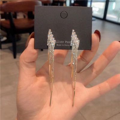 925银针韩国时尚气质名媛风水钻流苏长耳饰个性超闪锆石百搭耳钉