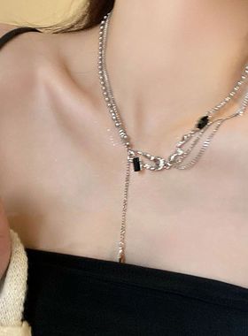 甜酷辣妹~回形别针锆石流苏项链女夏ins嘻哈风配饰个性百搭锁骨链