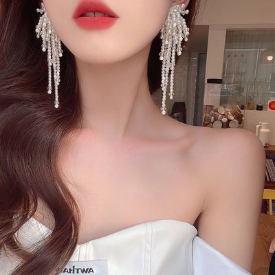 远方情超仙长款珍珠水晶流苏耳环新款925银针耳钉高级感耳饰E1282