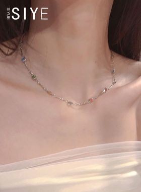 方形彩色细锁骨链夏天项链轻奢小众高级感颈链女款多巴胺彩色项链