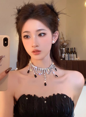 满钻爆闪锆石闪闪水滴流苏项链女轻奢小众设计感高级感锁骨链颈链