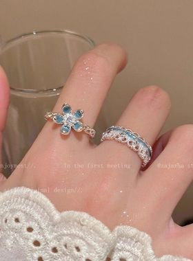 指畔生花~蓝色滴釉蕾丝花边戒指女轻奢小众高级感叠戴食指戒指环