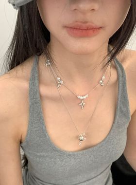 双层叠带土星项链女ins小众高级锁骨链甜酷百搭脖颈坠链锁骨链