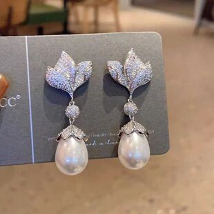 法式复古优雅气质新款耳饰锆石镶嵌花朵水滴珍珠耳银环针