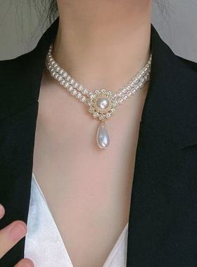 复古高级感双层女士珍珠项链赫本优雅气质配饰宴会锁骨链礼服项链