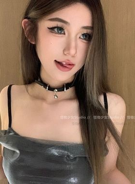 choker双耳小铃铛PU皮项圈时尚锁骨链制颈带圣诞节个性颈链软妹潮