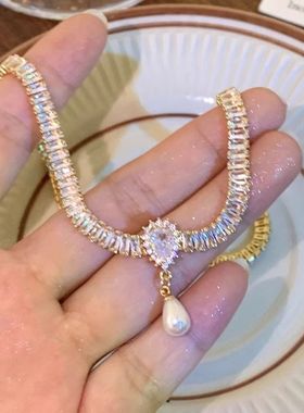 法式赫本风锆石项链轻奢小众高级感水滴珍珠吊坠锁骨链2026新款女